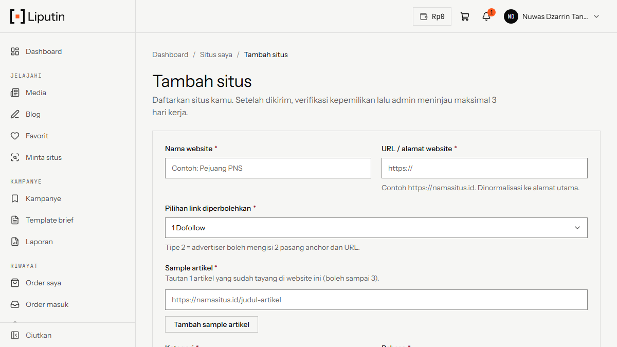 Form tambah situs