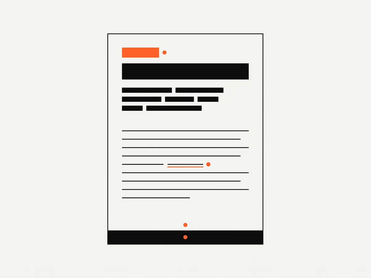 Wireframe anatomi advertorial dengan label di atas judul, isi artikel, satu tautan, dan keterangan pengiklan di bagian bawah