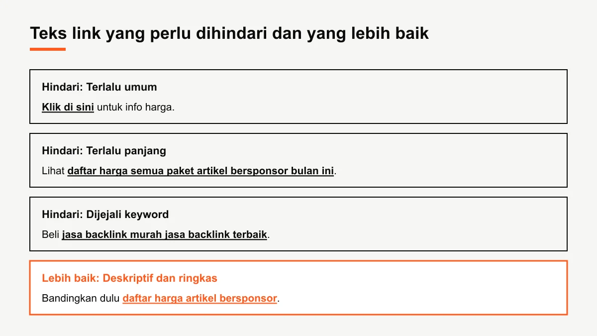 Diagram perbandingan teks link terlalu umum, terlalu panjang, dijejali keyword, dan teks link yang deskriptif