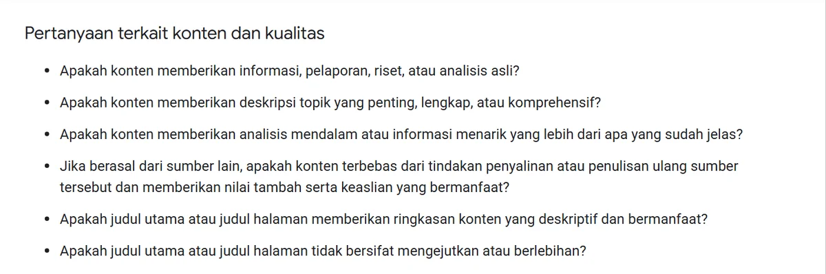 Tangkapan layar daftar Pertanyaan terkait konten dan kualitas di halaman panduan konten bermanfaat Google Search Central berbahasa Indonesia