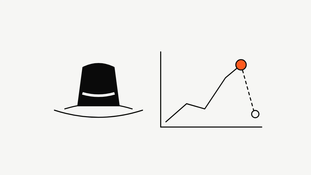 Ilustrasi garis topi hitam di samping grafik peringkat yang naik sampai titik oranye lalu jatuh