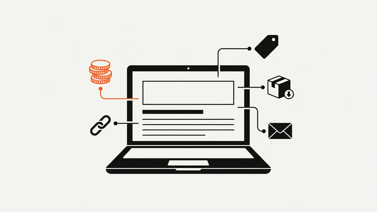 Ilustrasi laptop yang menampilkan halaman blog dengan beberapa jalur bercabang menuju ikon koin, tautan, dan paket produk digital