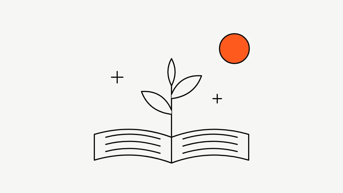 Ilustrasi garis sebuah buku terbuka dengan tunas tanaman yang tumbuh dari tengahnya dan matahari oranye di atasnya