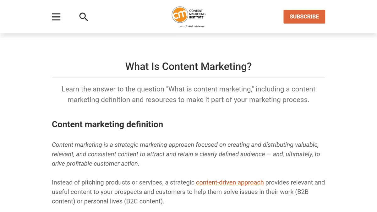 Tangkapan layar halaman What Is Content Marketing di situs Content Marketing Institute yang memuat definisi content marketing