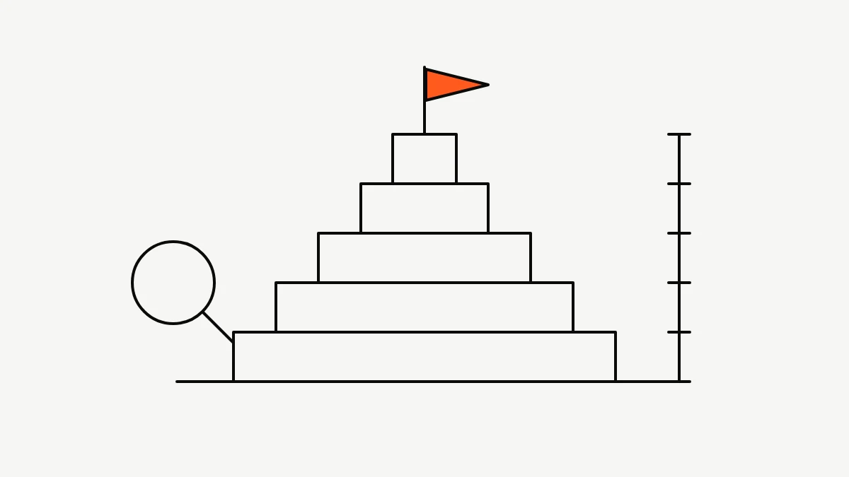 Ilustrasi garis tangga piramida yang menyempit ke atas dengan bendera oranye di puncak, kaca pembesar, dan penggaris skala di sampingnya