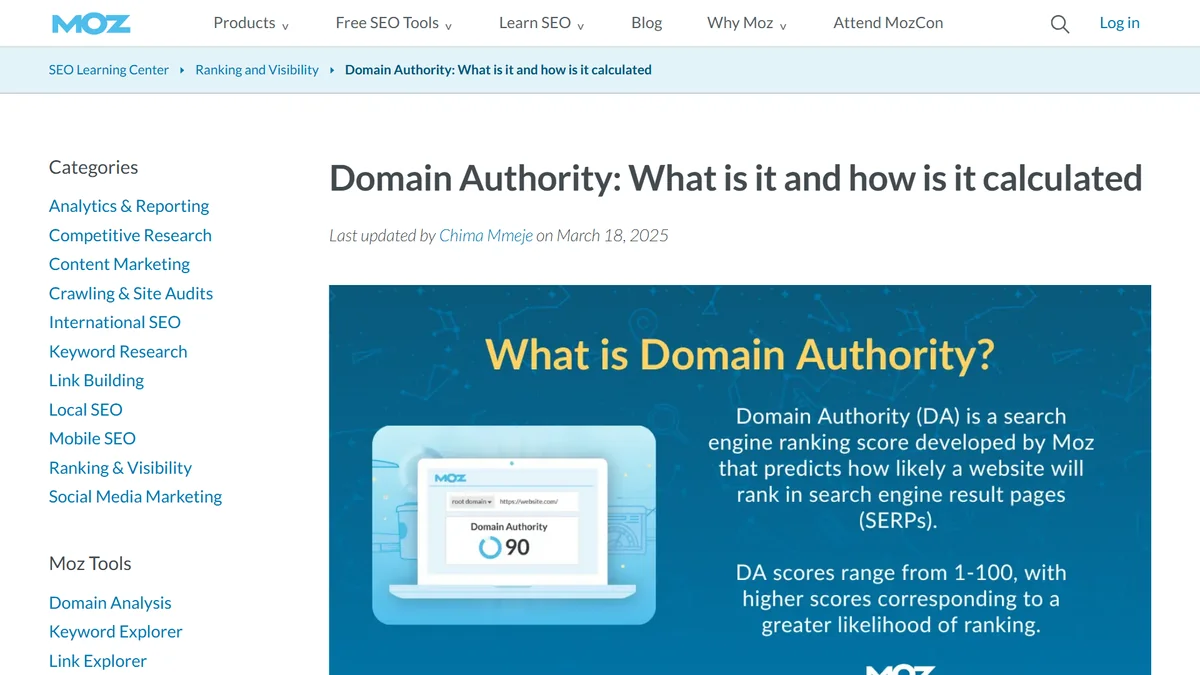 Tangkapan layar halaman Moz Learning Center berjudul Domain Authority: What is it and how is it calculated, dengan definisi DA dan rentang skor 1 sampai 100