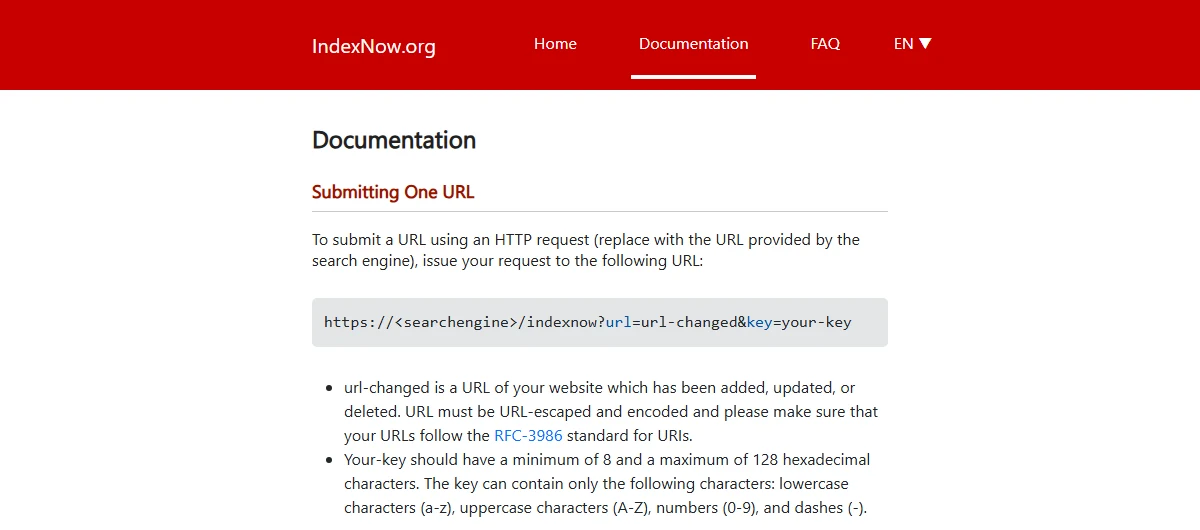Tangkapan layar halaman Documentation di IndexNow.org pada bagian Submitting One URL, berisi format permintaan dan syarat kunci