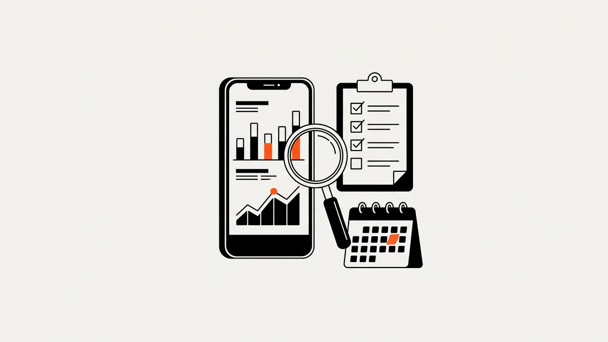 Ilustrasi layar ponsel berisi grafik statistik akun, kaca pembesar, daftar centang, dan kalender untuk mengecek data KOL