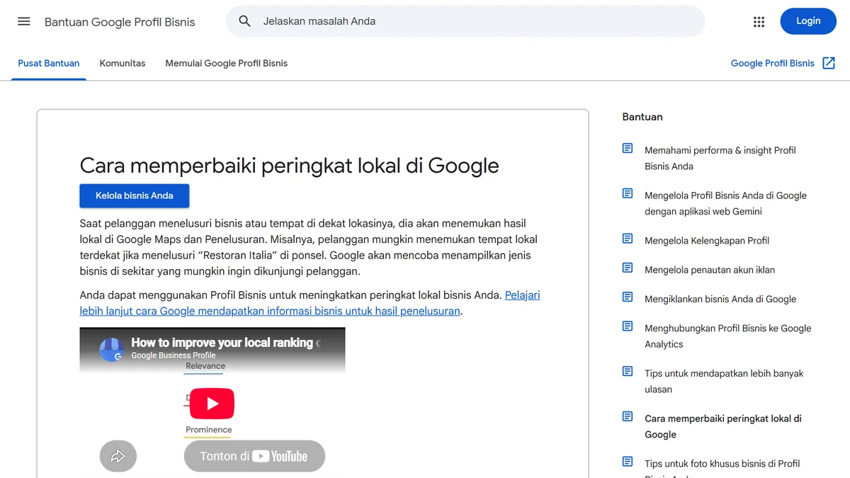 Tangkapan layar halaman Bantuan Google Profil Bisnis berjudul Cara memperbaiki peringkat lokal di Google