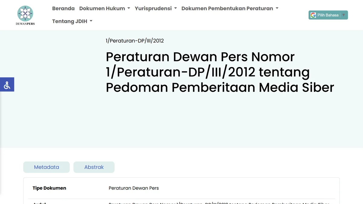 Tangkapan layar halaman JDIH Dewan Pers untuk Peraturan Dewan Pers Nomor 1/Peraturan-DP/III/2012 tentang Pedoman Pemberitaan Media Siber