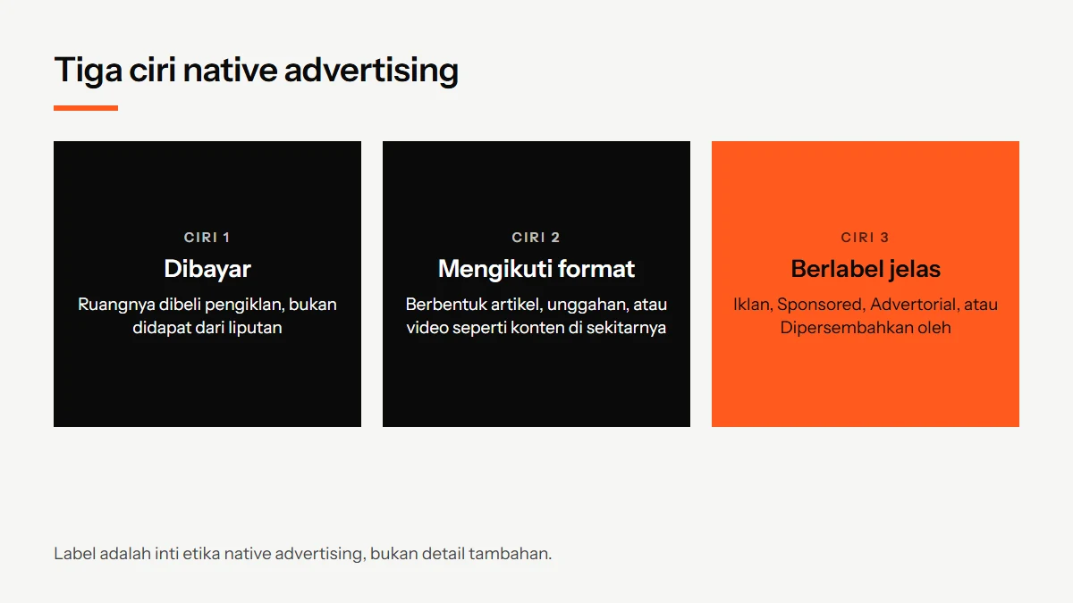 Diagram tiga ciri native advertising: dibayar pengiklan, mengikuti format konten di sekitarnya, dan wajib diberi label yang jelas