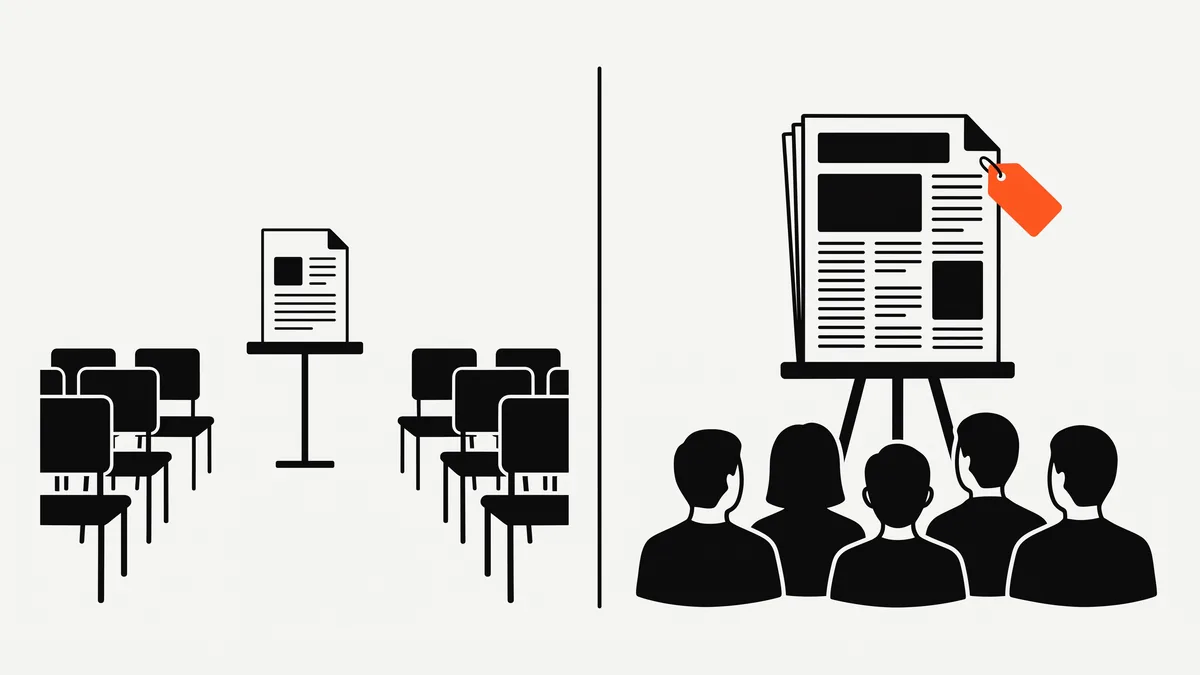 Ilustrasi perbandingan blog PBN tanpa pembaca dengan halaman media yang dibaca banyak orang dan memakai label konten berbayar