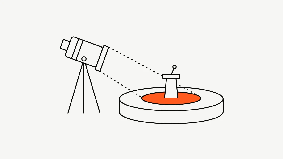 Ilustrasi garis lampu sorot di atas tiang yang menyinari sebuah panggung kecil, dengan lingkaran cahaya berwarna oranye di lantai panggung