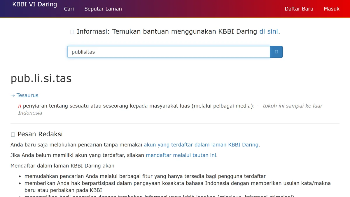 Tangkapan layar entri publisitas di KBBI VI Daring: nomina, penyiaran tentang sesuatu atau seseorang kepada masyarakat luas melalui pelbagai media
