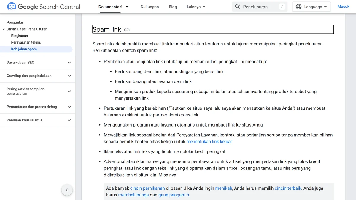 Tangkapan layar bagian Spam link di halaman kebijakan spam Google Search Central berbahasa Indonesia yang berisi daftar contoh praktik spam link